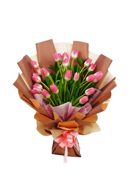 "Colorful tulip bouquet in a glass vase with birthday tag – Joyful Birthday Tulip Bloom Bouquet"