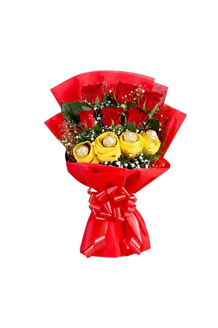 First Date Bliss – fresh elegant rose bouquet with Ferrero Rocher chocolate box for romantic gifting in Riyadh
