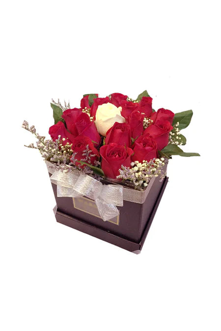 "Elegant red rose box with romantic message tag – Forever Yours Red Floral Box"