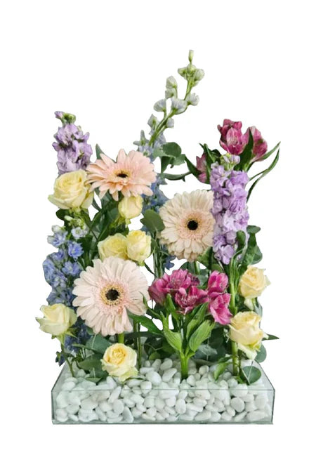 New Beginnings Bloom Box – pastel floral arrangement in luxury gift box for celebrating fresh starts in Riyadh