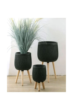Black Fiber Planter With Wooden Stand